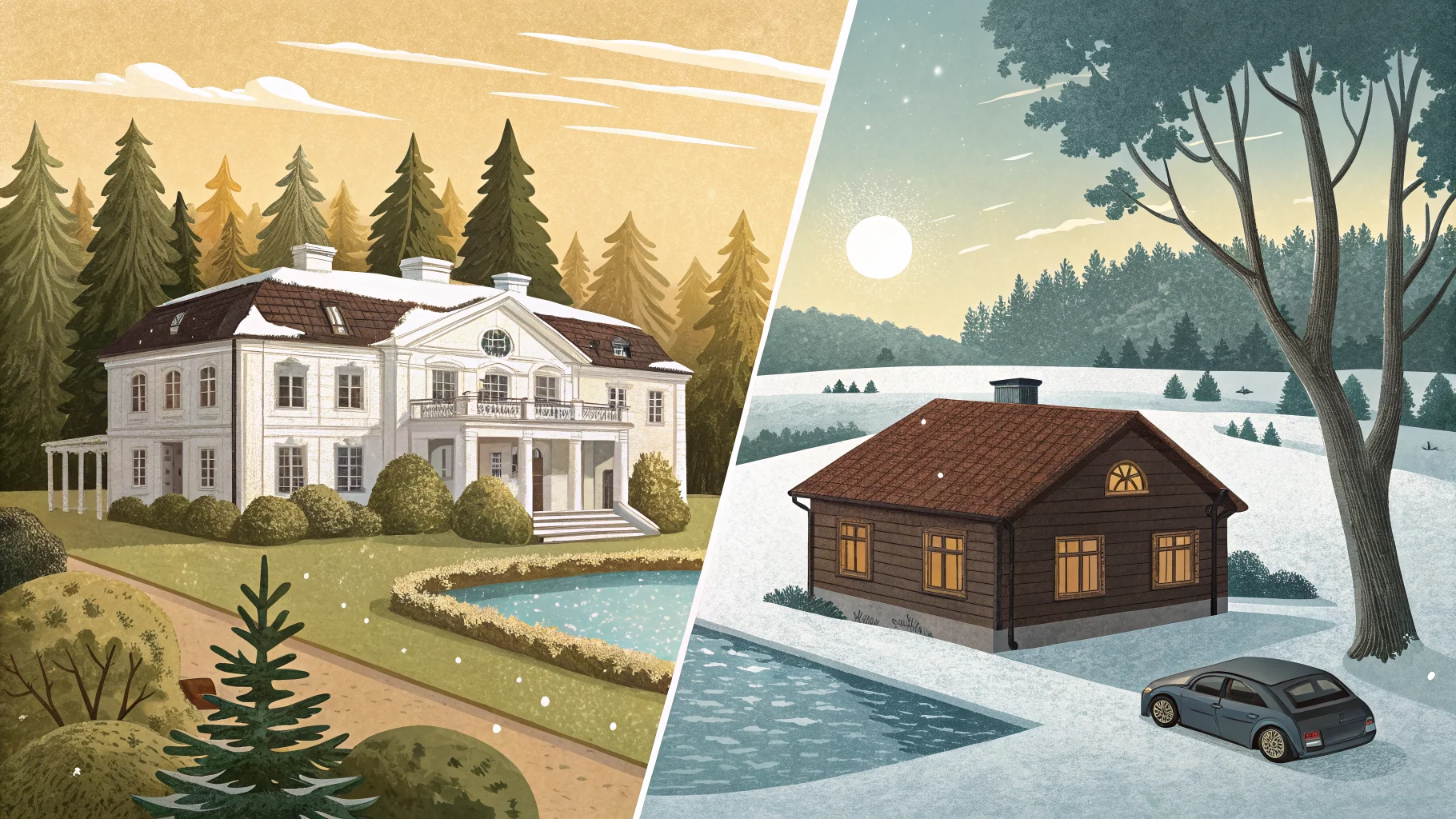 Illustration: en grand svensk villa i sommarlandskap bredvid en liten stuga i vinterlandskap