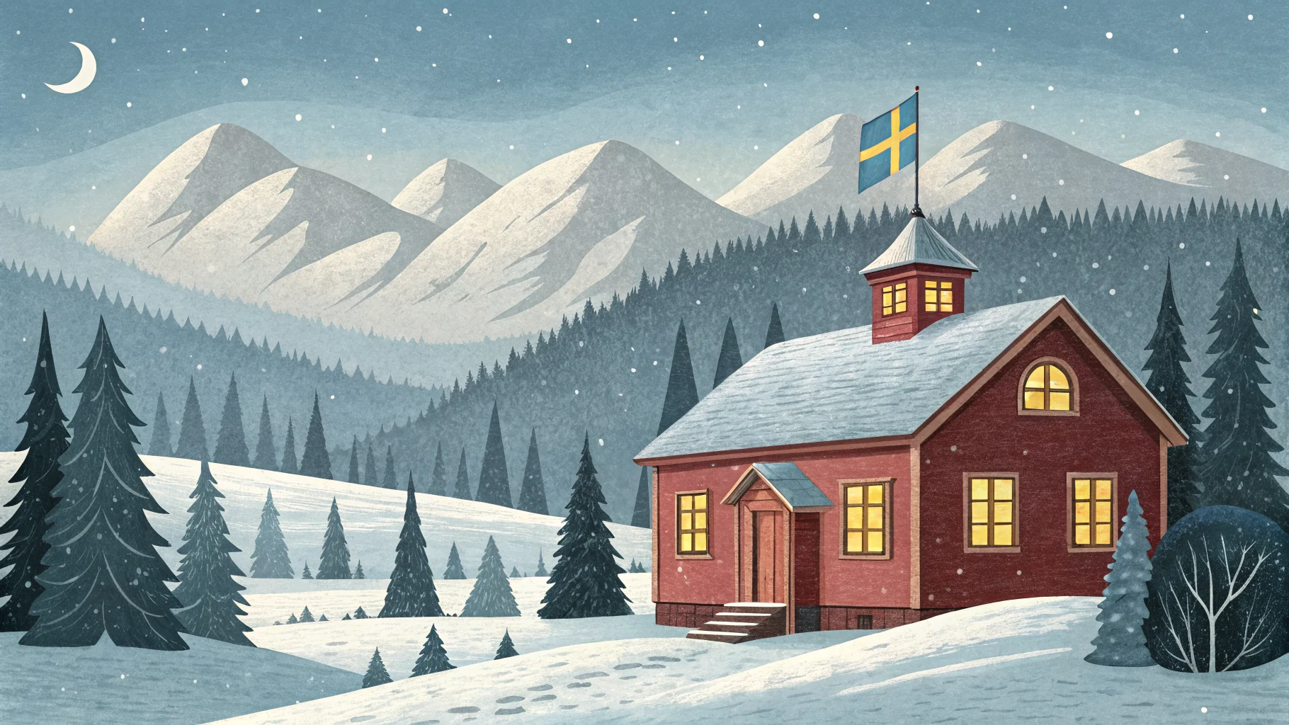 Illustration: en liten röd svensk skolbyggnad med gyllene fönsterljus i ett storslaget snöigt norrlandslandskap